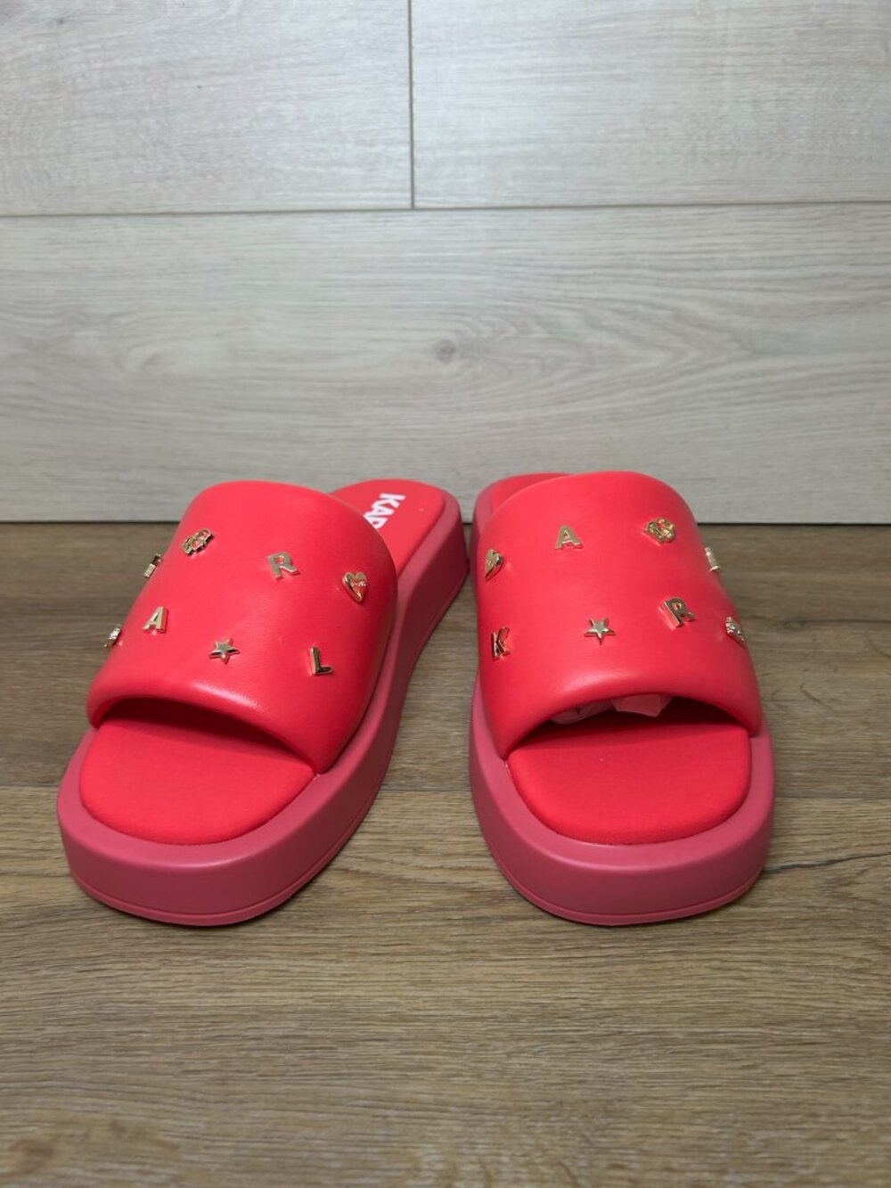 Karl Lagerfeld Womens Sandal Pink Opal Studs Platform Leather Wedge 11 - Picture 2 of 5